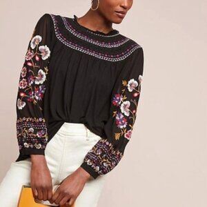 Anthropologie Floral Embroidered Blouse Sz S Relaxed Fit Beaded Boho Whimsigoth